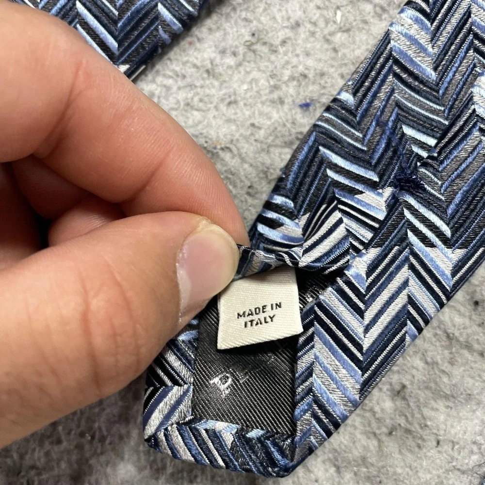 Pronto Uomo Tie Mens One Size Blue Herringbone Classic Woven Silk Necktie Italy